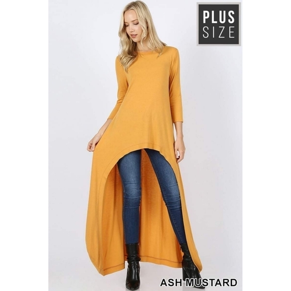 Zenana Outfitters Hi-Low Long Tunic Top Duster 3/4 Sleeve Mustard Yellow - Picture 1 of 7
